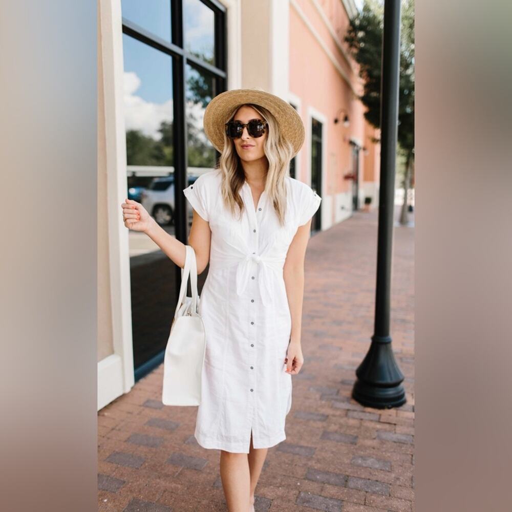 Anthro Maeve Linen Tie Front Shirt Dress White Size 0 Coastal Preppy Midi - Picture 11 of 11